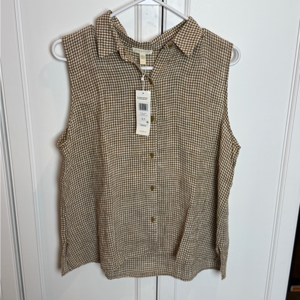 Eileen Fisher Tan Cream Sleeveless Button Down Shirt